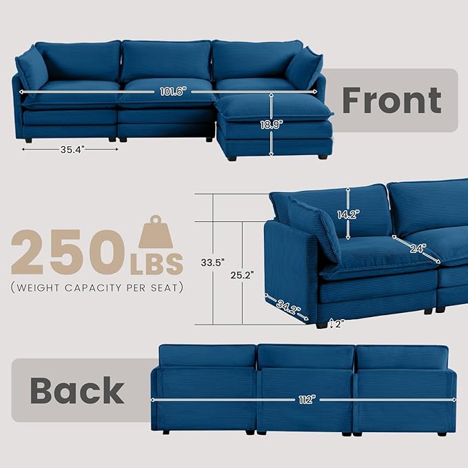 ROWHY Oversized Modular Sectional Sofa with Movable Ottoman, 112 Inch 4 Seat Modern Corduroy Sofa Set, Convertible L Shaped Couch for Living Room and Office, Navy Blue
