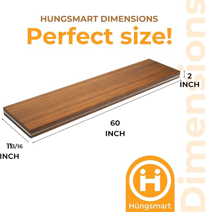 HÜNGSMART 60 Inch Wooden Floating Shelf – Supports 300lbs - Engineered Wood 5 Foot Long –Walnut Finish with Stainless Steel Insert– Includes Laser Welded Precision Wall Bracket (60 x 11 13/16 inches)