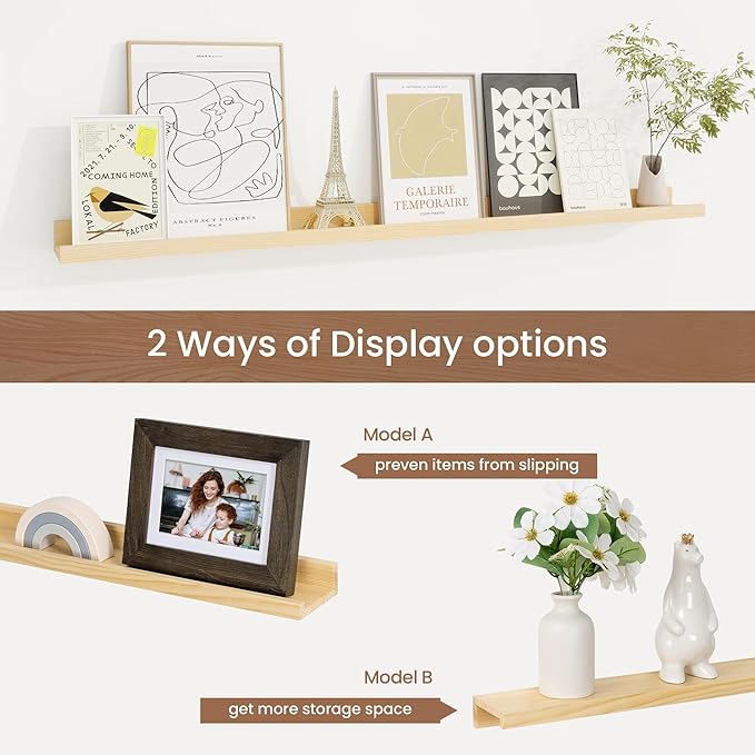 Picture Ledge Shelf, Floating Shelves Set of 2, 40 Inches Solid Wood Nursery Book Shelves for Toys Storage, Kids Bookshelf Wall Mounted for Living Room Decor Books Photo Frames, Unfinished Natural