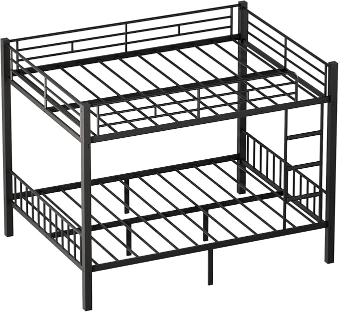 Queen Over Queen Bunk Bed for Adults & Teens, Heavy Duty Metal Bunk Bed with EVA Anti-Slip Ladder & Full-Length Guardrails, Noise-Free Queen Bunk Bed Frame with Under-Bed Storage, Black