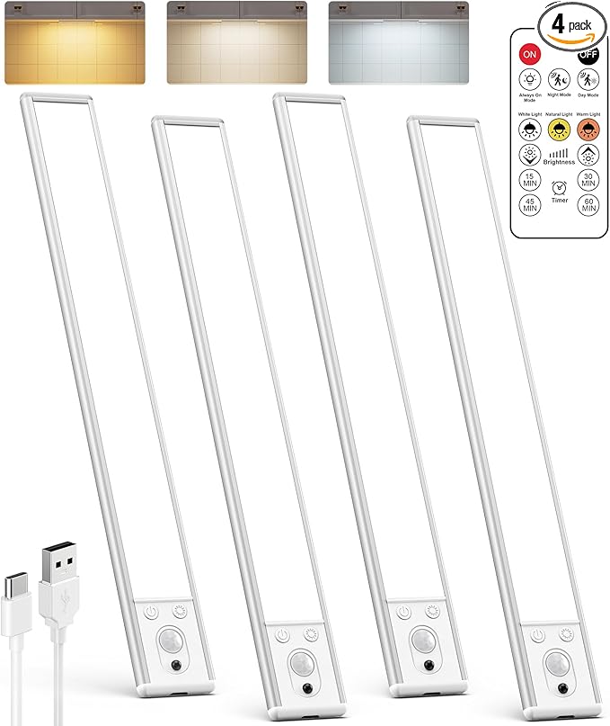 Under Cabinet Lighting Wireless, Rechargeable 62 LED Motion Sensor Light Indoor, 3 Color Temps Closet Lights with Remote Control, Dimmable Magnetic Under Counter Lights for Kitchen, Stairs, 4 Pack