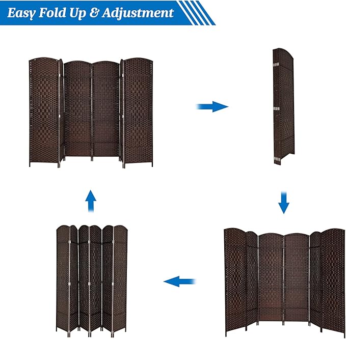 VINGLI 6-Panels Tall Rattan Room Divider, 6 FT Folding Privacy Screen, Indoor Partition Wall Dividers, Freestanding Hinged Space Separator (Dark Brown)