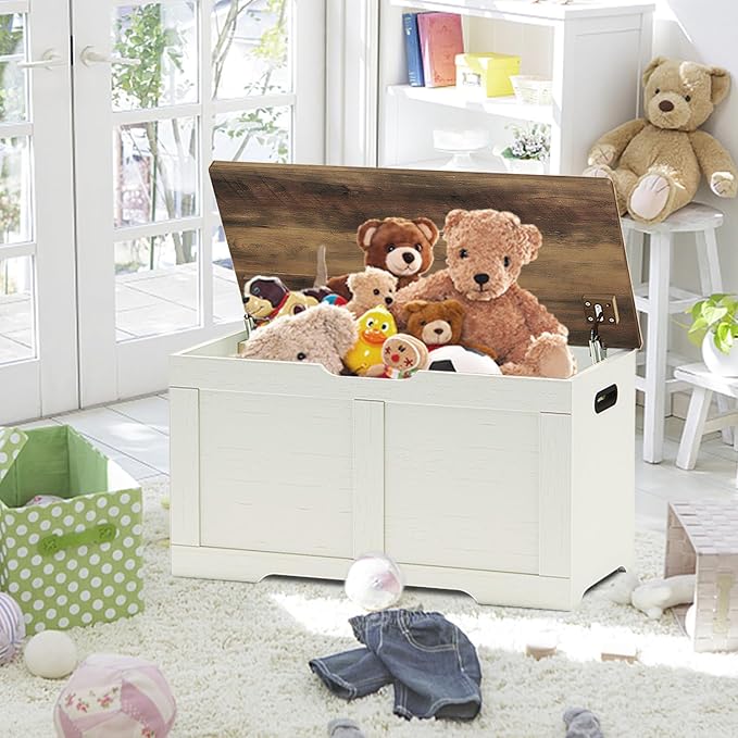 Timberer 31.5" Storage Chest, Wooden Storage Bench, Lift Top Toy Chest with 2 Safety Hinges, Large Toy Box, Entryway Shoes Bench for Living Room, Bedroom, Brown and Rustic White