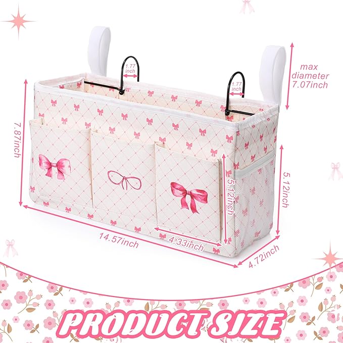 Pink Bow Bedside Caddy, Cute Bow Bedside Organizer, Pink Coquette Aesthetic Hanging Storage Caddy Bag with Fixed Strap and Water Bottle Holder for Home, College, Dorm, Bunk, Hospital, Bed Rail