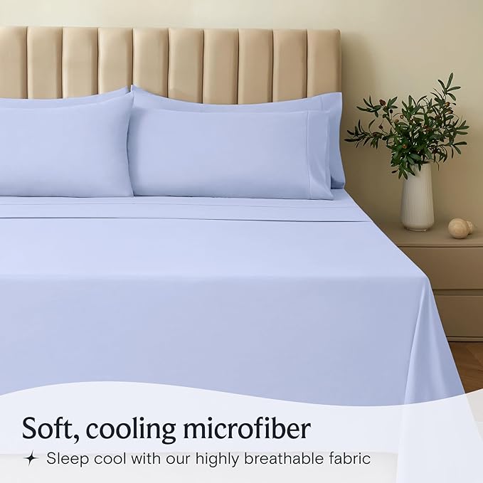 LuxClub 5 PC Sheet Set Bed Sheets Deep Pockets 16" Eco Friendly Wrinkle Free Cooling Machine Washable Hotel Bedding Silky Soft - Sky Blue Split King
