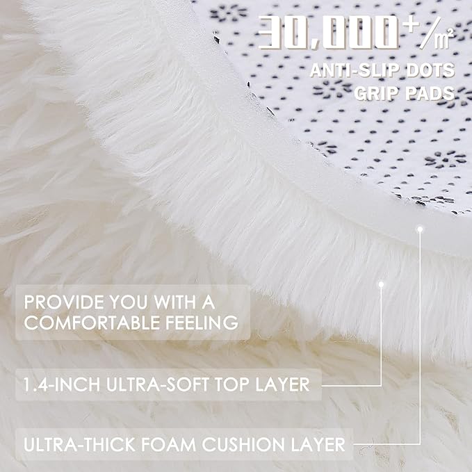 OLANLY Ivory Round Rugs for Bedroom - Machine Washable, 9 ft Circle Area Rugs for Living Room, Soft and Fluffy Shaggy Carpet for Teen Girls and Boys, Nursery Rooms, Dorms, Home Decor Aesthetic