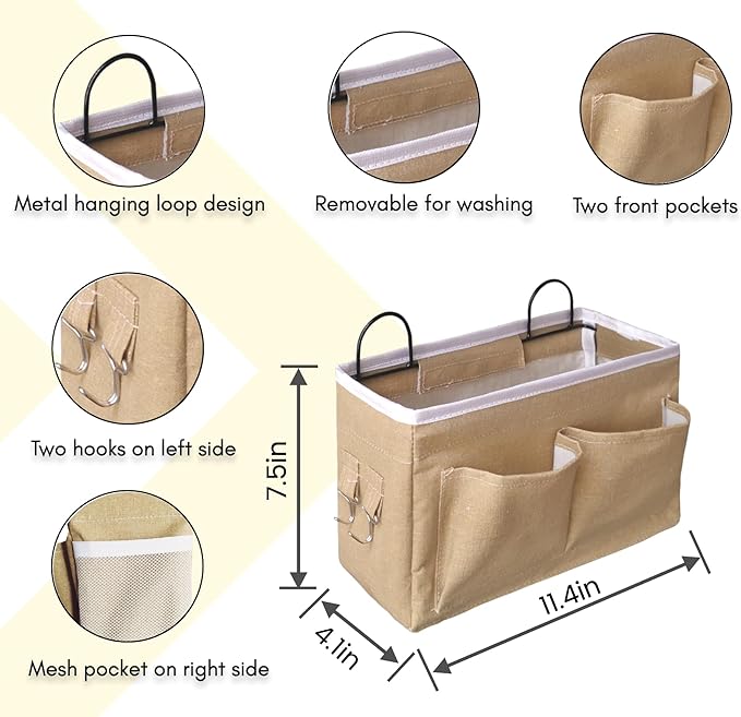 Kanrichu 3pcs Middle Wall Hanging Organizer Bag, Linen Fabric Door Hanging Storage Basket with Pockets, Waterproof Bin for Kitchen, Bedroom, Office, RV Camper (Khaki)