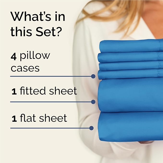 Full 6 Piece Sheet Set - Cooling, Comfy & Breathable - Hotel Luxury Bedding, Includes Fitted Sheet for Women, Men, Kids & Teens - 1 Flat, 1 Fitted Sheet, 4 Pillowcases with Deep Pockets - Denim Blue
