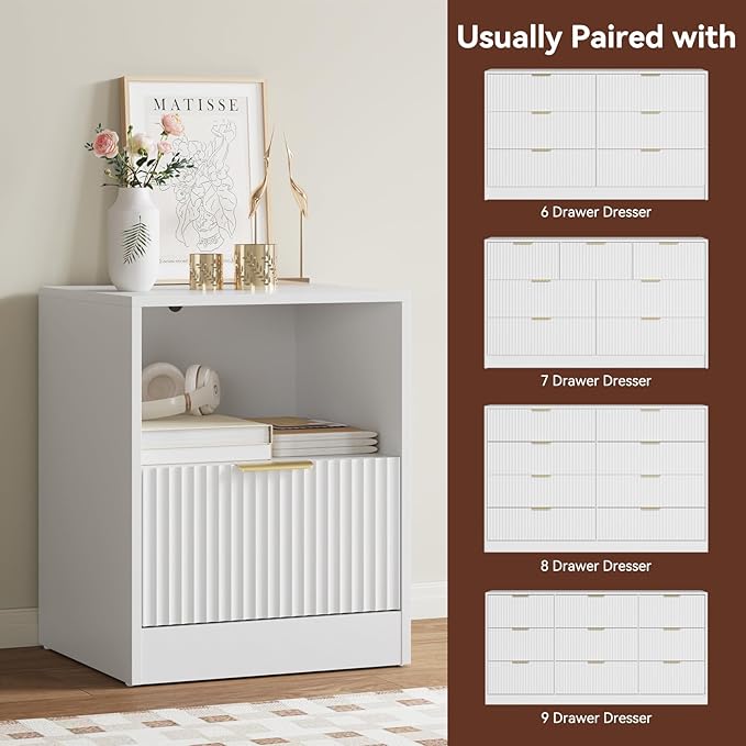 White Dresser & Nightstand Set 3-Piece, Bedroom Dresser with 7 Drawers, Night Stand Set of 2 w/Metal Handle, Fluted Modern Wood Chest of Drawers Storage Dressers Set for Bedroom, White