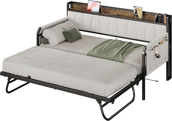 LIKIMIO Daybed with Trundle Bed, Twin Bed Frame with Storage Headboard and Charging Station, Sofa Day Bed with Strong Supports for Living Room, Bedroom, and Guest Room, Beige
