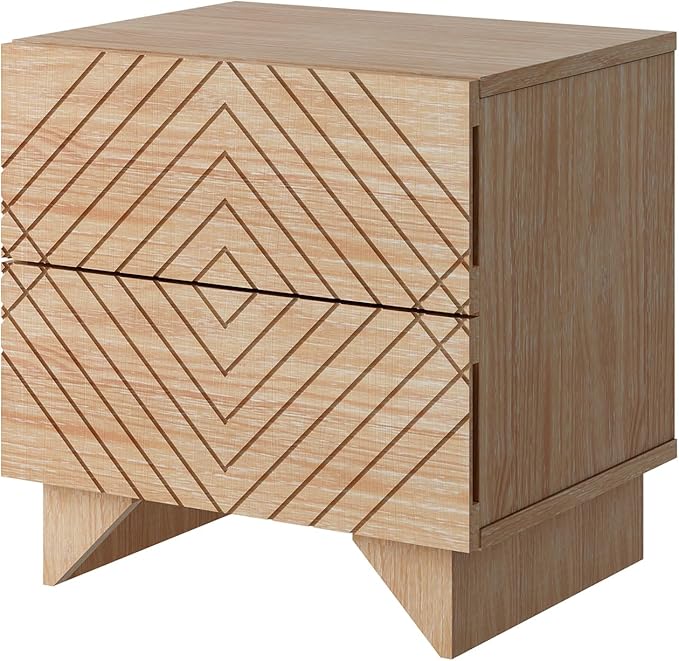MUSEHOMEINC Solid Wood Nightstand with 2 Drawer Storage, Modern Beside Table, Small 2 Drawer Dresser, Night Stand with Two Unique Rhombus Details Drawers for Bedroom, Home,Living Room
