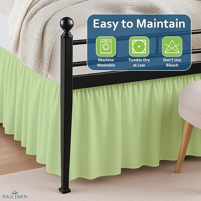 Rajlinen Ruffled Bed Skirt King, 10 Inch Drop Dust Ruffle with Split Corners, 100% Microfiber Bedskirt with Platform, Three-Sided Coverage Ruffled Gathering Design, Sage