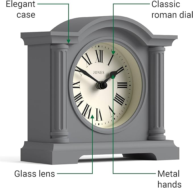 JONES CLOCKS® Kensington Mantel Clock | Classic Arch top Clock | Gray | Stylish & Contemporary | Ideal for Desk, Mantelpiece, Bookshelf or Bedside