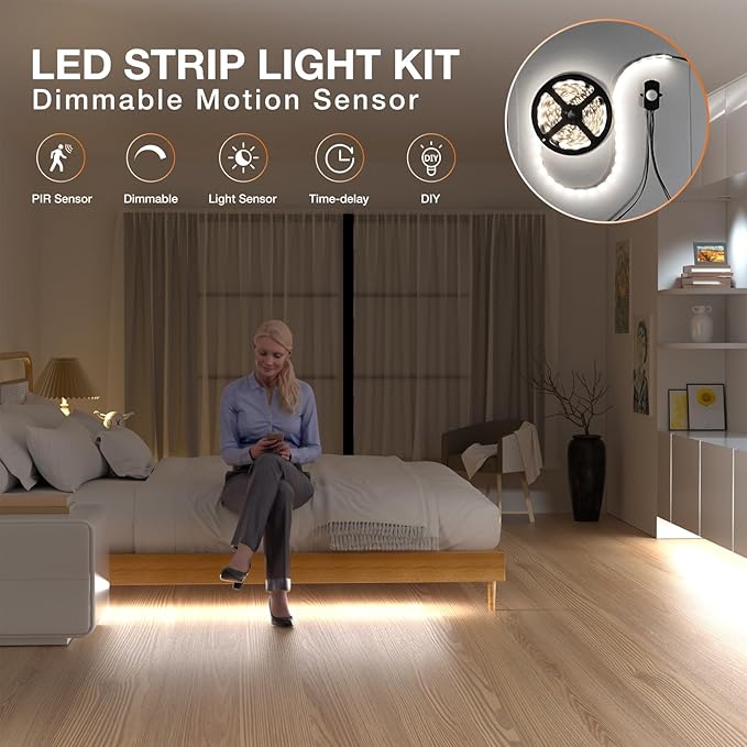 Sensky 19.7ft/6m Motion Activated LED Strip Light Kit with FCC Listed Adapter for Gun Safe, Under Cabinet, Under Bed, Pantry, Kitchen, Stairway, Closet Lighting (Cool White,Upgraded Version)