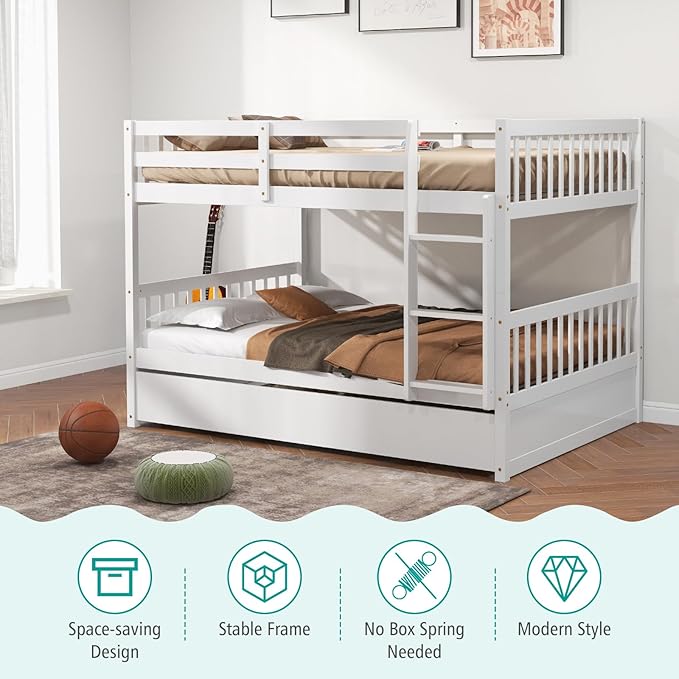 Giantex Full Over Full Bunk Bed with Trundle, Solid Wood Trundle Bed Frame w/Guardrails and Ladder, Convertible to 2 Beds, Full Size Bunk Beds for Adults Kids Teens, No Box Spring Needed, White