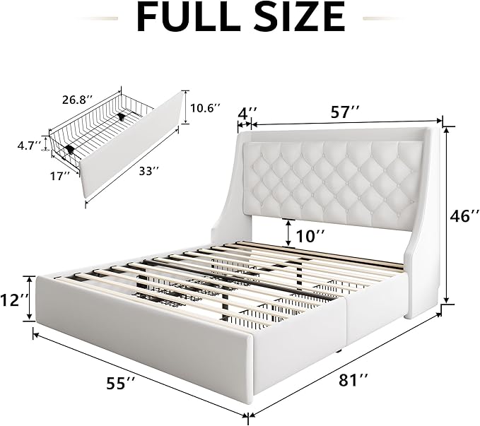 iPormis Full Size Bed Frame with 4 Storage Drawers, Upholstered Platform Bed Frame with Type-C & USB Ports, Wingback Storage Headboard, Solid Wood Slats, No Box Spring Needed, White