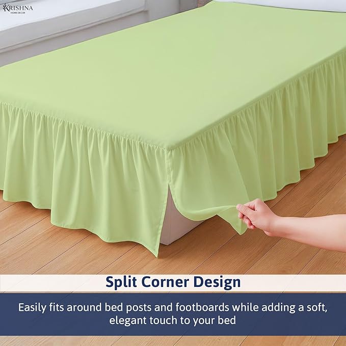 KRISHNA Ruffled Bed Skirt with Split Corners Queen, 100% Microfiber Hotel Quality, 10 Inch Drop Dust Ruffle Gathered Bedskirt with Platform, 60" x 80", Sage