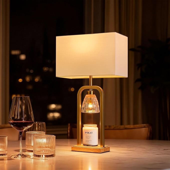 PoKat Gold Table Lamps with Candle Warmer & Timer for Bedroom, Mid Century Modern Modern Bedside Lamps Set of 2 for Night Stands, 21.5'' Bedroom Lamps Decor for Living Room Hallway, Bulbs Included
