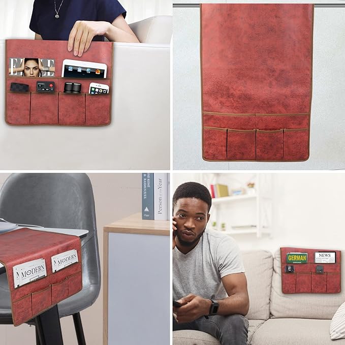 HAOMAIJIA Anti Slip Sofa Armrest Organizer Arm Chair Bedside Caddy Storage Organizer For Recliner Couch With 6 Pockets For Cell Phone Tv Remote Control Magazines (red)