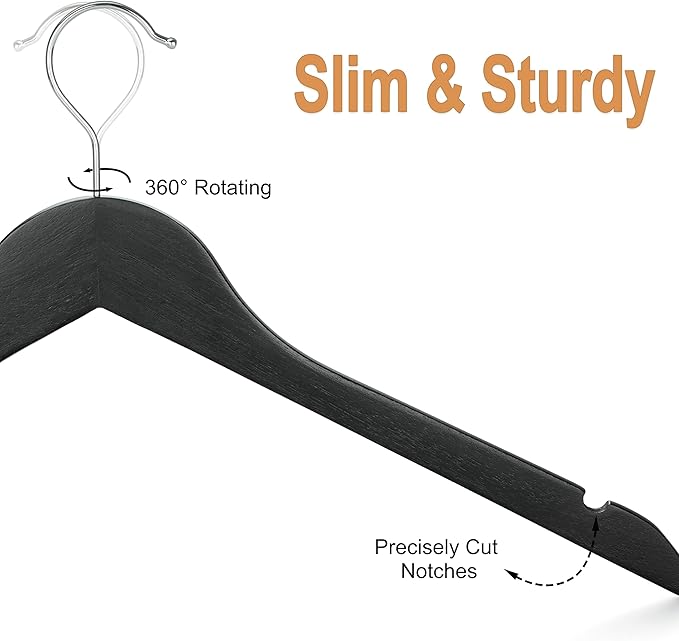 TOPIA HANGER Wooden Hangers 30 Pack, 0.28-inch Slim & Durable Clothes Hangers Space Saving, Black Wood Hanger with 360°Swivel Hook and Non-Slip Shoulder Notches for Coat,Shirts, Camisoles, CT51B