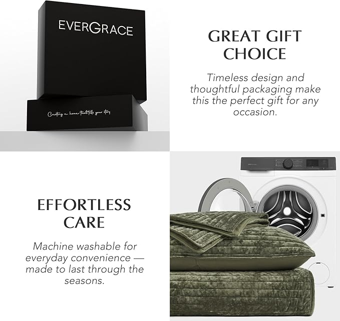 EVERGRACE Velvet Quilt Set Queen Size, Luxurious Soft Striped Channel Bedding Set, Lightweight Velvet Comforter for All Season, Quilted Bedspread Coverlet with 2 Matching Shams, Olive Green