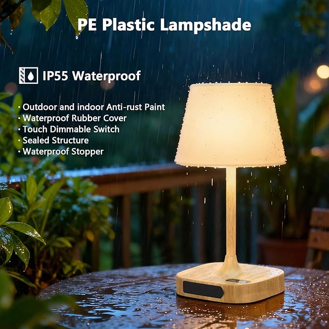 Outdoor Table Lamp - 8000mAh Cordless Rechargeable Battery,Dimmable LED Display Touch Lamp for Camping Patio and Bedroom (Wood Grain)