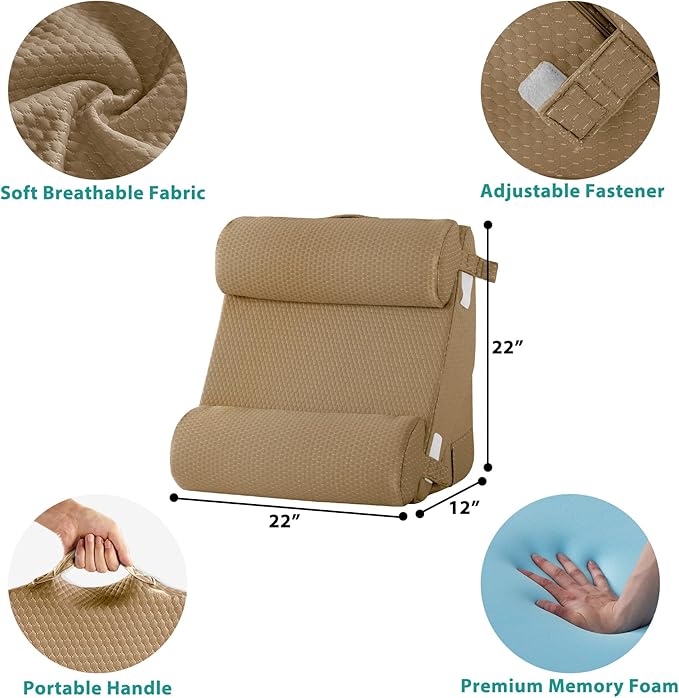 Bedluxe Adjustable 4pcs Bed Wedge Pillow Set, Memory Foam Wedges Pillow Post Surgery for Back, Neck, Leg Pain Relief, Pillows Wedge for Sleeping, Sitting up in Bed, Acid Reflux and GERD, Brown