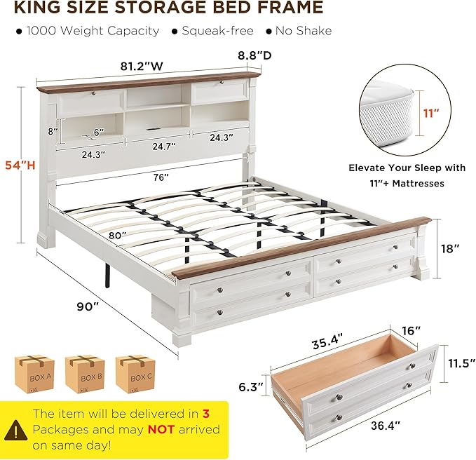 T4TREAM Farmhouse King Size Bed Frame with 54" Tall Headboard, Wood Platform Bed Frame with 18" Tall Roman Column Decoration Footboard & 2 Large Storage Drawers, No Box Spring Needed(Antique White)