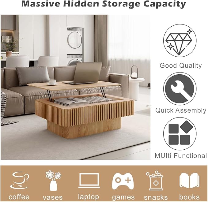 Lift Coffee Table with Storage & Adjustable Height, Solid Wood Coffee Table Fluted Center Table Accent Tea Table or Living Room, Apartment, Office (38.6" Natural)