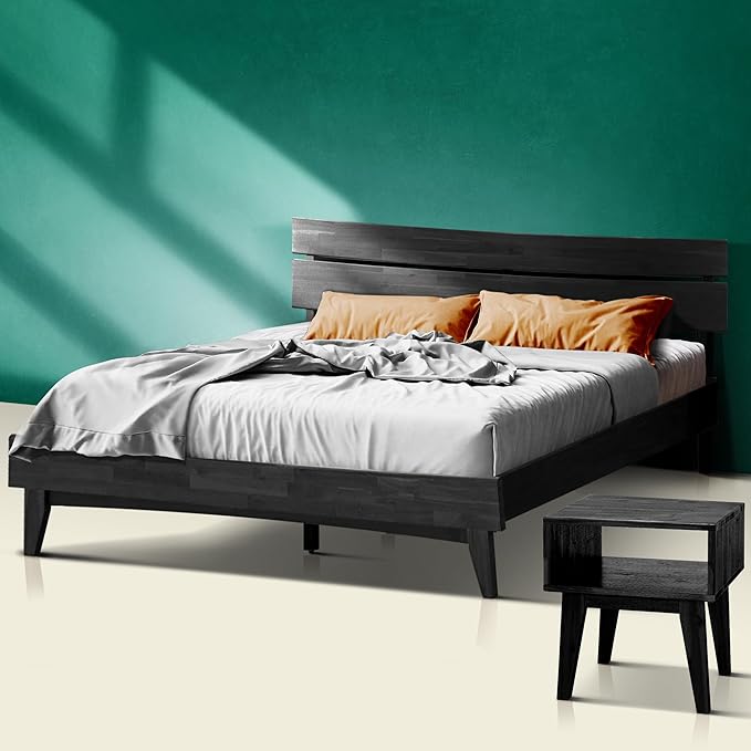 Acacia Aurora King Solid Wood Bed Frame with Headboard – Gift Matching Nightstand Included, Mid-Century Modern Farmhouse, Black Ristretto, 800 lbs Capacity, Sturdy, No Box Spring, Easy Assembly