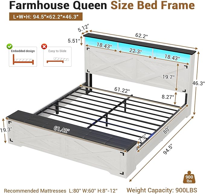 Hasuit Queen Size Bed Frame with Storage Ottoman, Farmhouse Bed Frame with Charging Station and Led Light, Headboard with Storage Rack, Metal Slats, No Noise Design, No Box Spring Needed,Walnut White