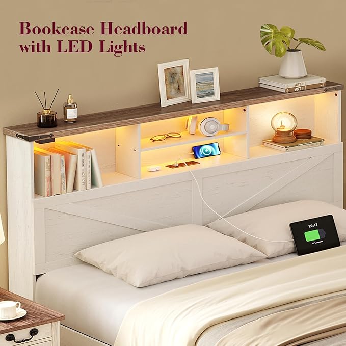 King Size Bed Frame with Bookcase Storage and Drawers, Farmhouse Bed with High Headboard, Charging Station and LED Lights, No Box Spring Needed, Noise Free, Easy Assembly, Antique White