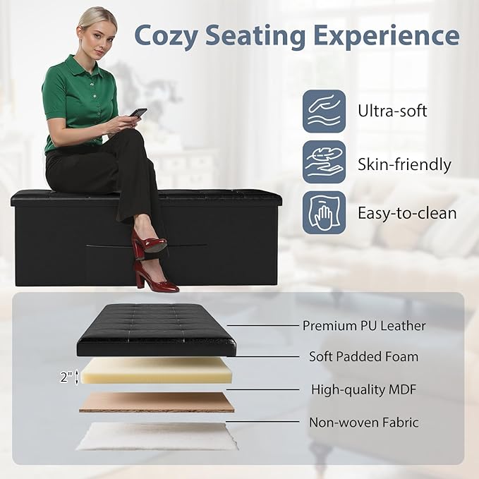 Giantex 43 Inches Folding Storage Ottoman Bench, Upholstered PU Leather Storage Chest with Side Pocket, Padded Seat, End of Bed Bench, Collapsible Ottoman Foot Rest for Living Room, Bedroom & Entryway