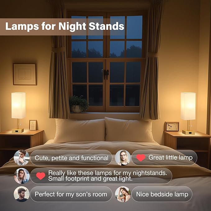 Gold Bedside Table Lamps for Bedroom - Small Nightstand Lamp Set of 2 with AC Outlet Charging Port, 3 Color Temperatures Rectangular Desk Light, Tabletop Reading Lamp for Living Room/Dorm/Office
