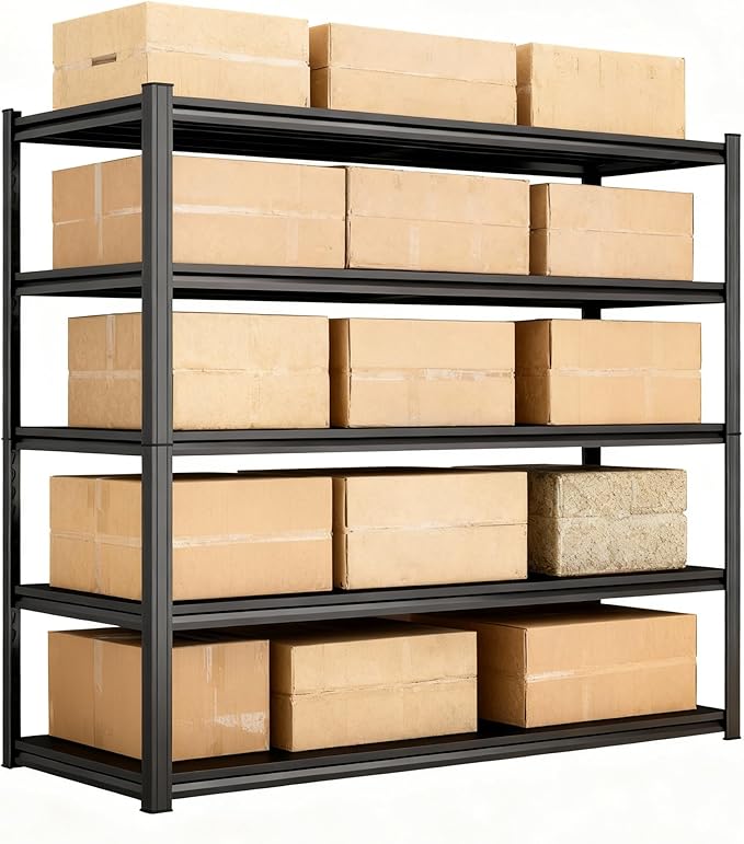 Storage Shelves, Garage Metal Shelving Unit, Adjustable, Double-Layer Column with Reinforced Ribs, Heavy-Duty, Capable of Bearing 600-3600 lbs (Black, 45''W*20''D*77''H, 5-Tier)