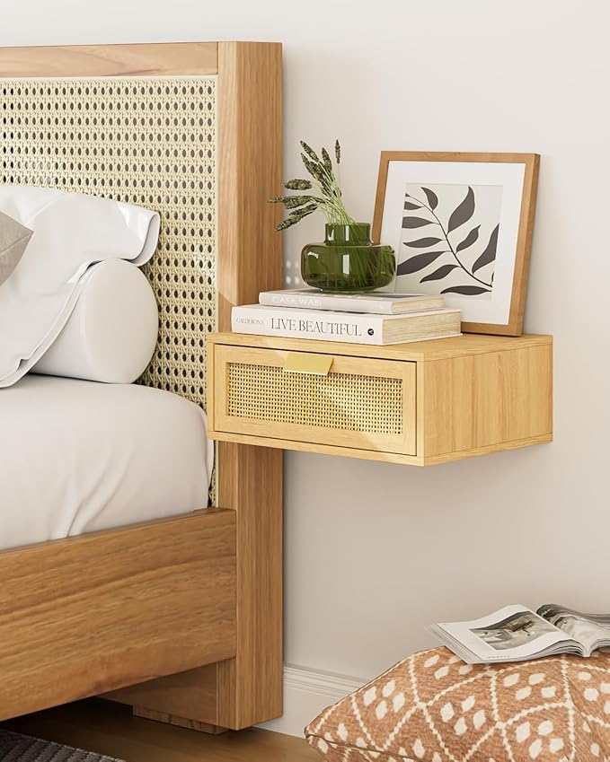 Floating Nightstand, Floating Shelf with Drawer, Wall Mounted Nightstand, Floating Bedside Table (Oak Rattan)