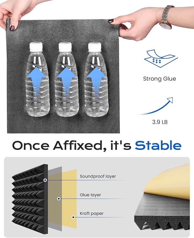 Sonicism Sound Proof Foam Panels for Walls Self-Adhesive 72 Pack Pyramid 1"X 12"X 12" Acoustic Panels 35kg/m³High Density,Soundproof Wall Panels Fast Expand,Sound Absorption and Decoration,Black