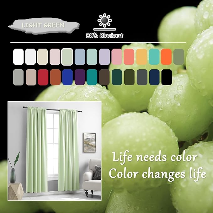 Light Lily Green Curtains 84 Inch Length for Living Room - 2 Panels Rod Pocket Drapes Room Darkening Thermal Insulated Floor Length Curtains for Doorway,52 x 84 inch