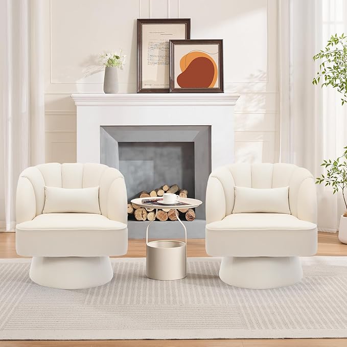GarveeHome Modern Swivel Barrel Accent Chair, 360 Degree Velvet Upholstered Armchair with Striped Backrest & Plush Padding, Comfy Round Lounge Chair for Living Room, Bedroom, Reading Nook, Beige