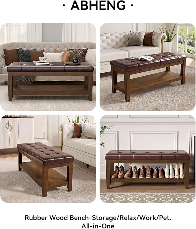 Solid Rubber Wood Shoe Bench, Easy-Clean PU Upholstered Seat, 770LB Load, Space-Saving Storage for Entryway/Living Room, Easy Assembly, Vintage Style, 43.3"x15.7"x17.7", Brown, UASND65R