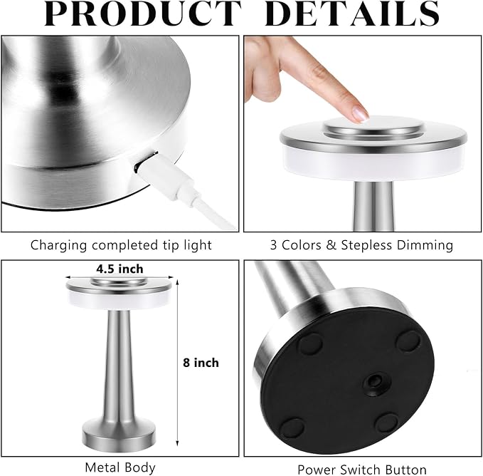 VIHOSE Cordless Table Lamps LED Portable Rechargeable Table Lamp with Touch Sensor 3 Color Dimming up to 15 Hours Battery Desk Light for Restaurant Nursery Living Room(Silver,8 Pcs)