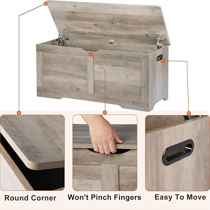 Timberer 39.4" Storage Chest, Wooden Storage Bench, Lift Top Toy Chest with 2 Safety Hinges, Large Toy Box, Entryway Bench for Living Room, Bedroom, Grey