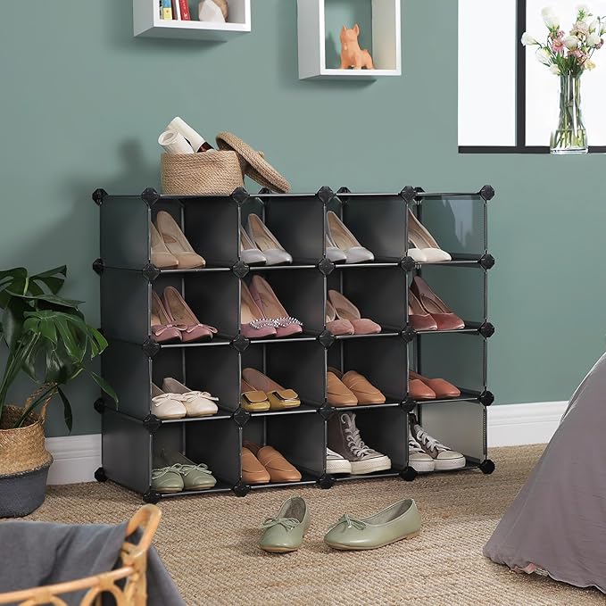 SONGMICS Shoe Rack with 16 Cubes, Interlocking Plastic Shoe Organizer, DIY Storage Cabinet for Closet Entryway Bedroom Garage, Space Saving Design, 12 x 35.1 x 27.2 Inches, Grey ULPC445G02