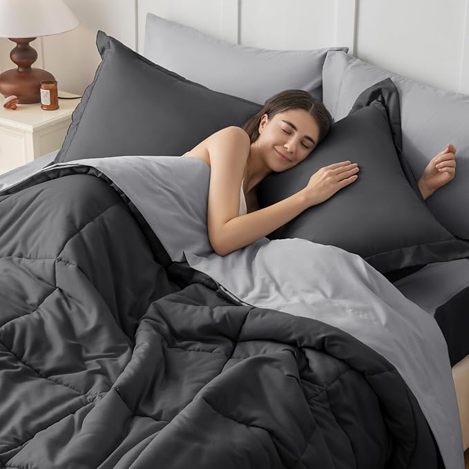 JOLLYVOGUE California King Comforter Set, Ultra-Soft Bed in a Bag Cal King Size 7 Pieces, Oeko-TEX Certified Bedding Set With Down Alternative Comforter, Sheets, Pillowcases & Shams, Dark & Light Grey