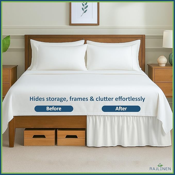 Rajlinen Ruffled Bed Skirt Queen, 10 Inch Drop Dust Ruffle with Split Corners, 100% Microfiber Bedskirt with Platform, Three-Sided Coverage Ruffled Gathering Design, Ivory