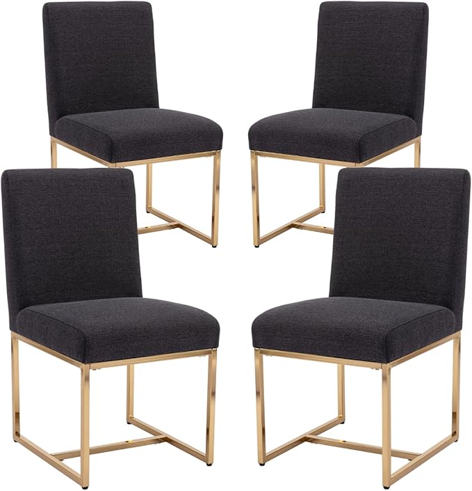 CIMOTA Black Modern Dining Chairs Set of 4, Upholstered Linen Dining Room Chairs Armless Side Chair with Gold Base for Kitchen, Charcoal Black, 4PCS