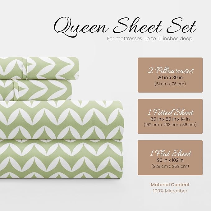 Linen Market Double-Brushed Patterned Microfiber Queen Sheet Set 4 Piece – Oeko-TEX Certified Ultra Soft & Wrinkle-Free - 16" Deep Pocket Sheets - Easy Care Queen Size - Puffed Chevron Sage