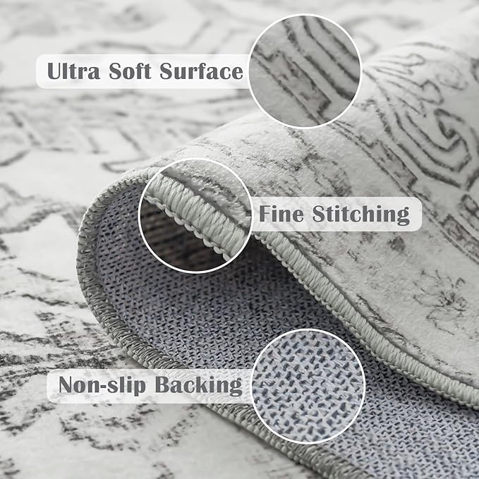 jinchan Lima Hallway Runner Rug 3x10 Washable - Vintage Floral Non Slip Low-Pile Soft Ultra-Thin Faux Wool Kitchen Rug Distressed Carpet Runner for Farmhouse Bedroom Laundry (3x10ft, Grey)