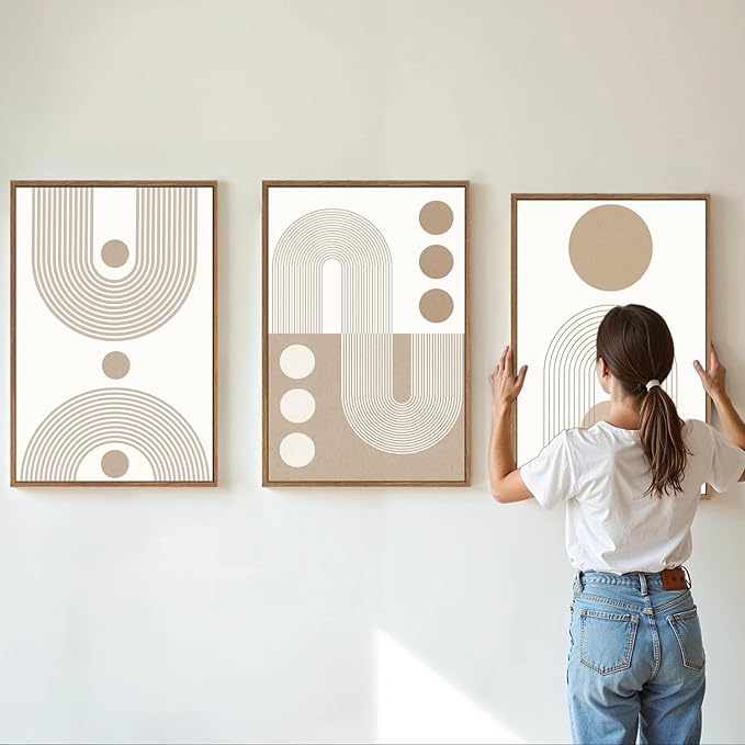 YeeHomedec Boho Beige Neutral Framed Canvas Wall Art, Mid Century Modern Wall Decor, Bohemian Abstract Minimalist Artwork, Geometric Line Circle Art Painting for Living Room Bedroom Office 16"x24"x3