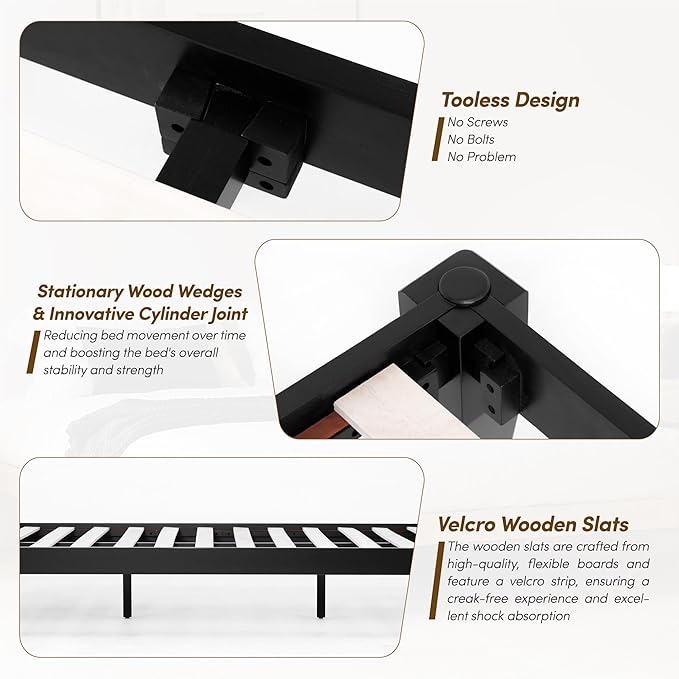 Thor Premium Solid Wood Bed Frame Twin XL, Platform Bed, Japanese Joinery Bed Frame, Wood Slat Support, No Box Spring Needed, Easy Assembly, Minimalist & Modern Style (Midnight Charcoal)